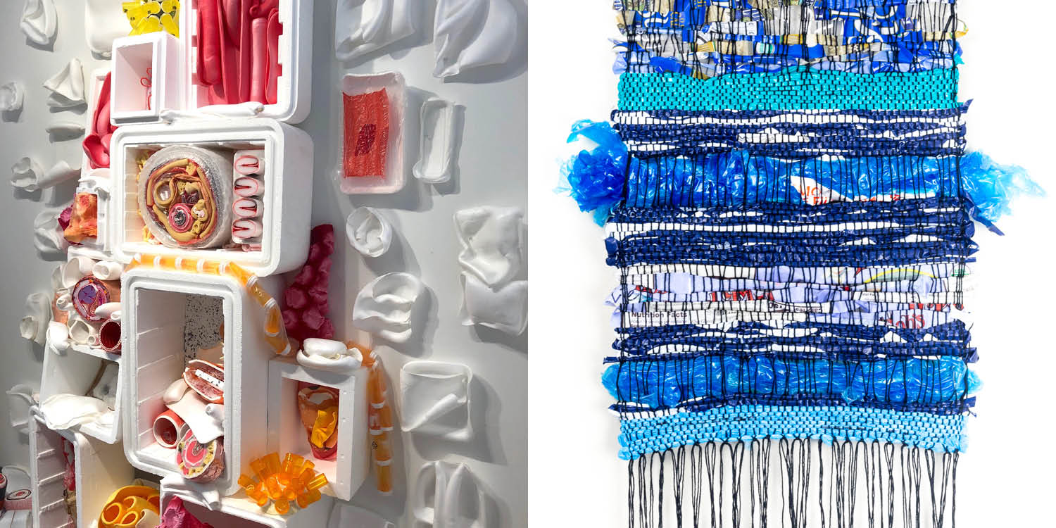 Exhibition header featuring colorful pink and orange installation piece from reused waste materials by Bryan Northup, and a tapestry woven with blue plastic against a white background by Kelsey Wagner