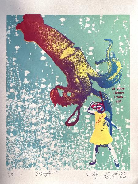 Print of giant squid with girl and text that reads "at once I knew I was not".